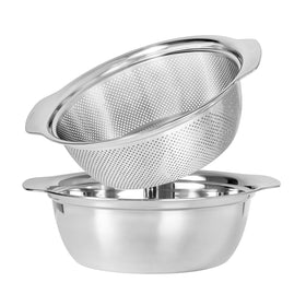 Paoli 304 stainless steel microporous colander with handle, front view, fast drainage.