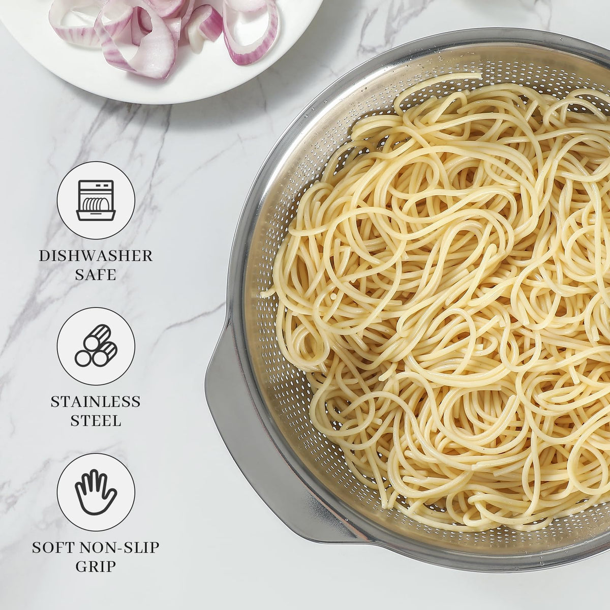 Paoli 5QT colander draining pasta from a deep bowl