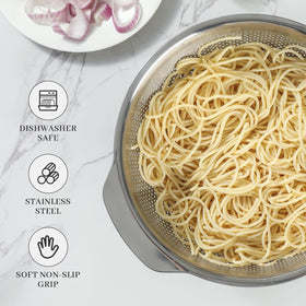 Paoli 5QT colander draining pasta from a deep bowl