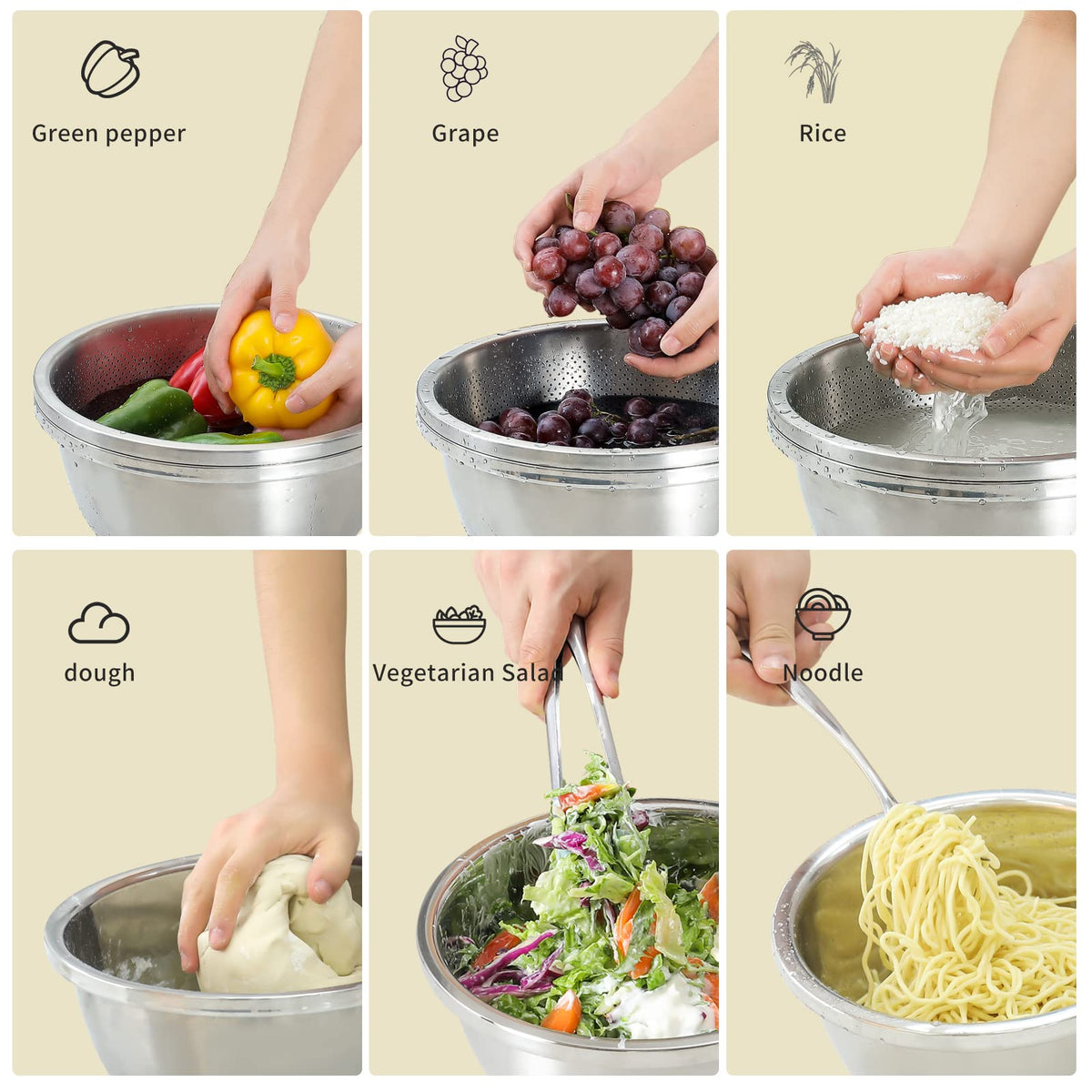 Paoli colander and bowl 9.4-inch diameter designed for compact storage.