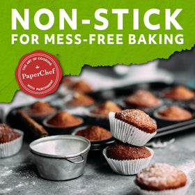 PaperChef large parchment cups demonstrating non-stick release for grease-free baking.