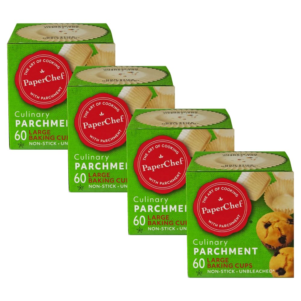 PaperChef large parchment baking cups pack shot highlighting unbleached, compostable design for easy use.