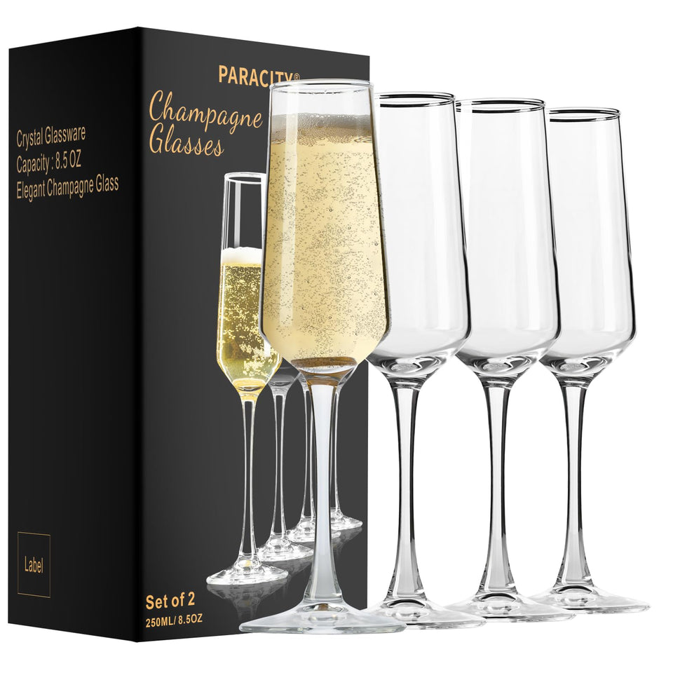 PARACITY champagne flutes hand blown for refined tasting experience.
