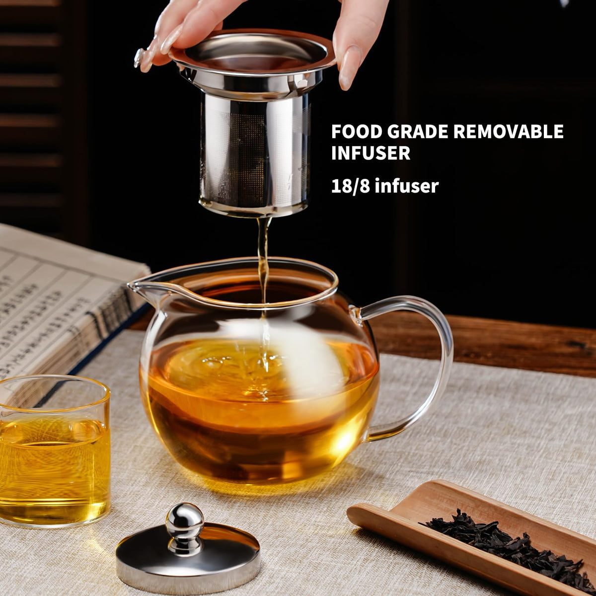 Removable infuser in PARACITY teapot enables loose leaf and bloom teas