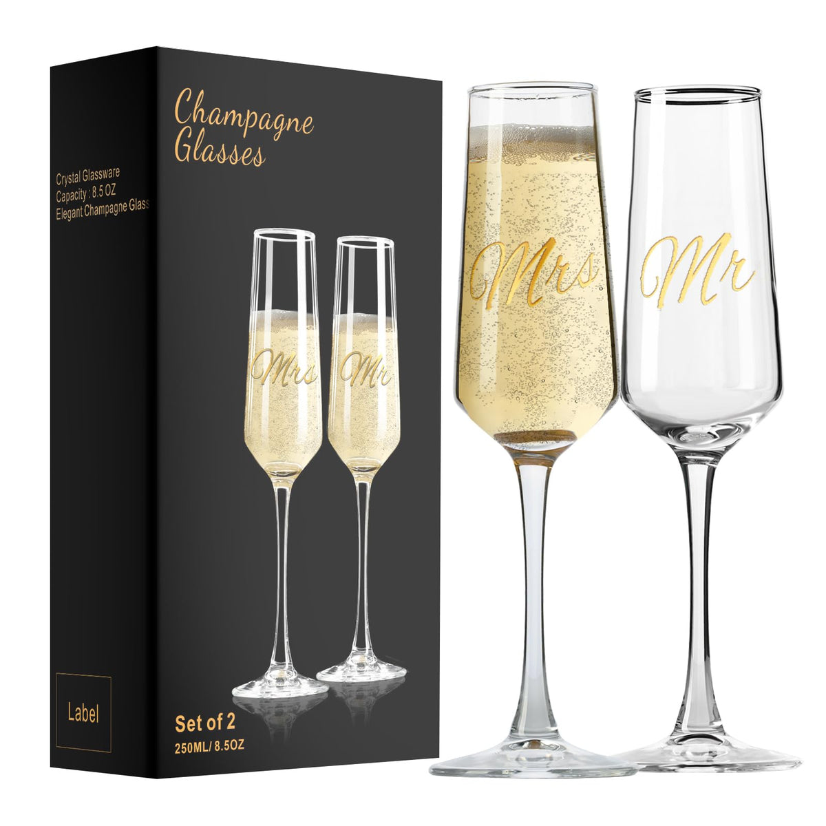 PARACITY Mr and Mrs wedding champagne flutes ensemble for elegant toasts.