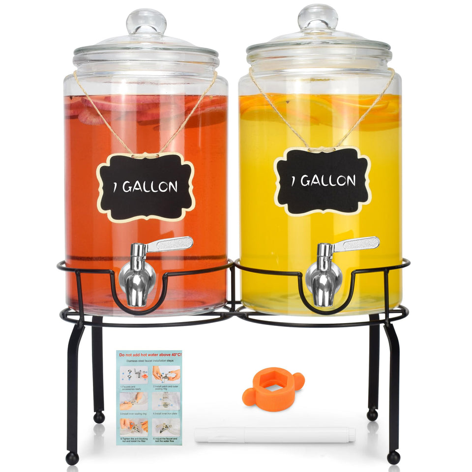 PARAISODOS 1-gallon glass dispenser front view for self-serve beverages at parties