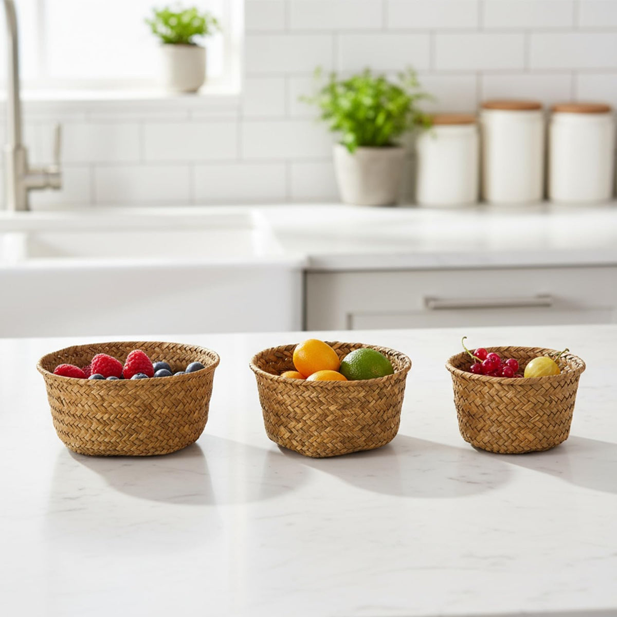 PARBEE kitchen-use seagrass basket organizing tea bags and pods.
