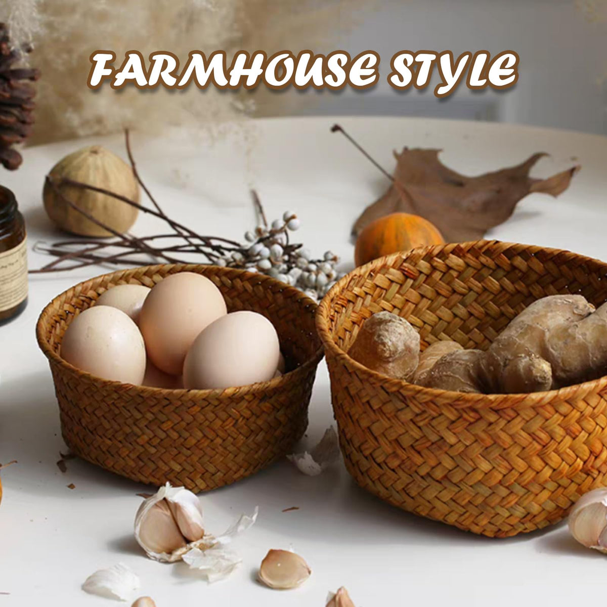 PARBEE nestable seagrass baskets showing stackable storage on shelves.
