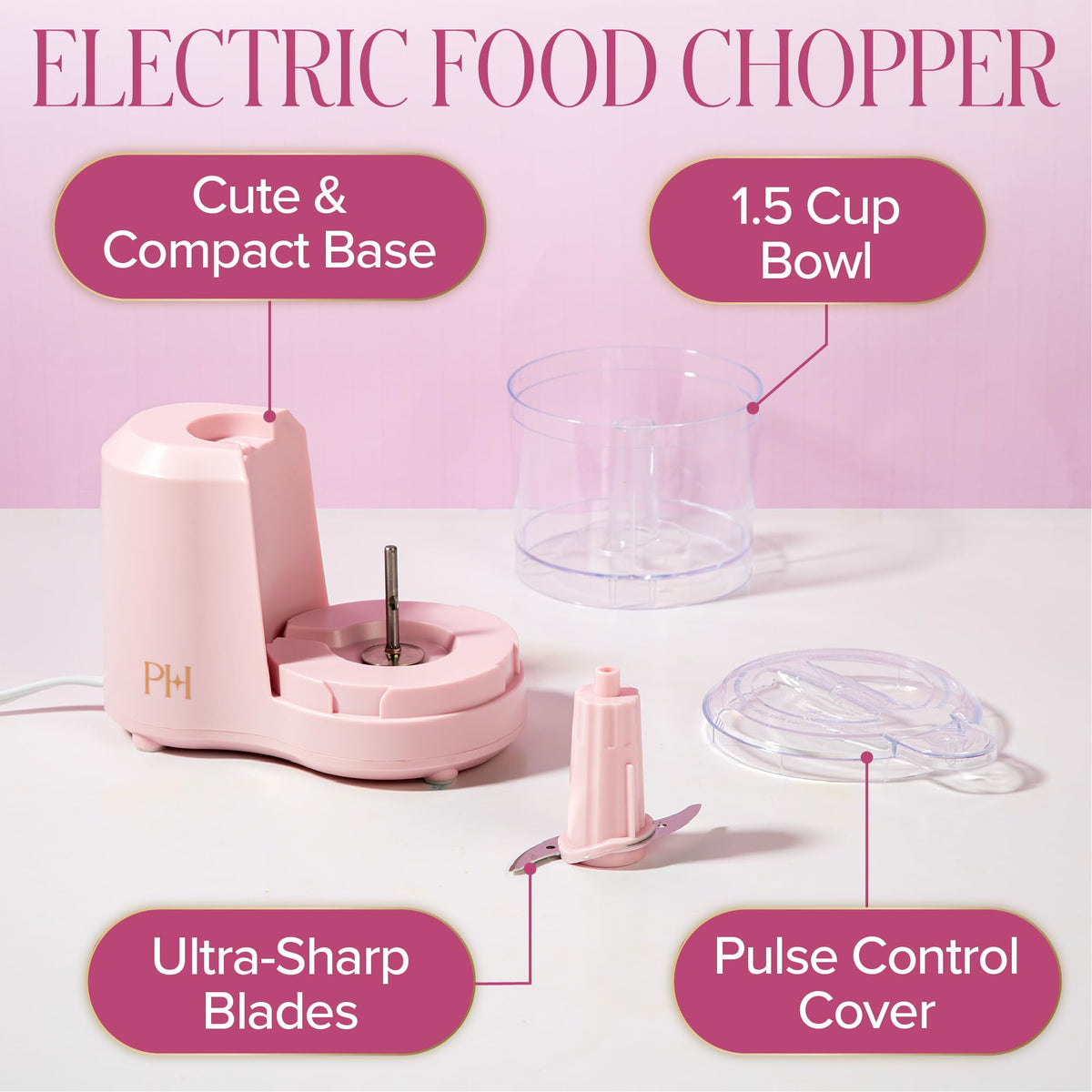Paris Hilton 1.5-Cup Pink Chopper on a neat kitchen counter