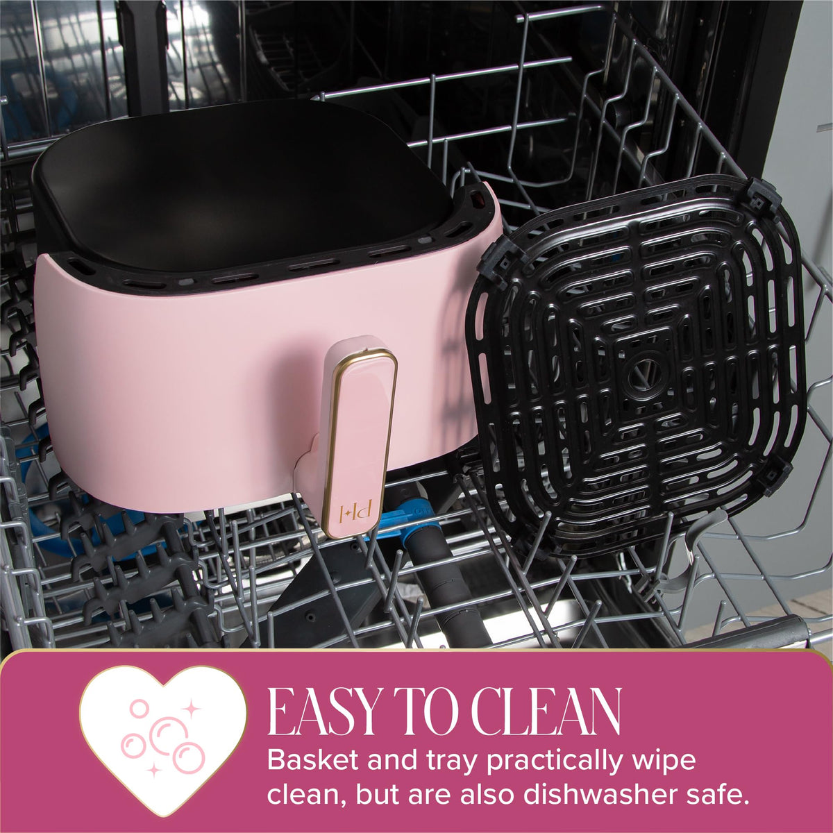 Paris Hilton Air Fryer dishwasher-safe basket and tray simplify cleanup.