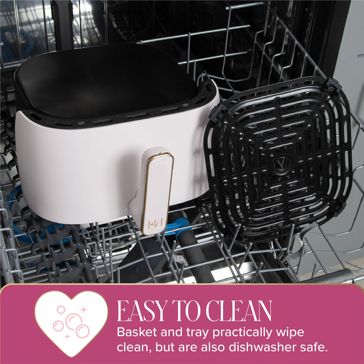 Paris Hilton Air Fryer dishwasher-safe basket and tray for cleanup