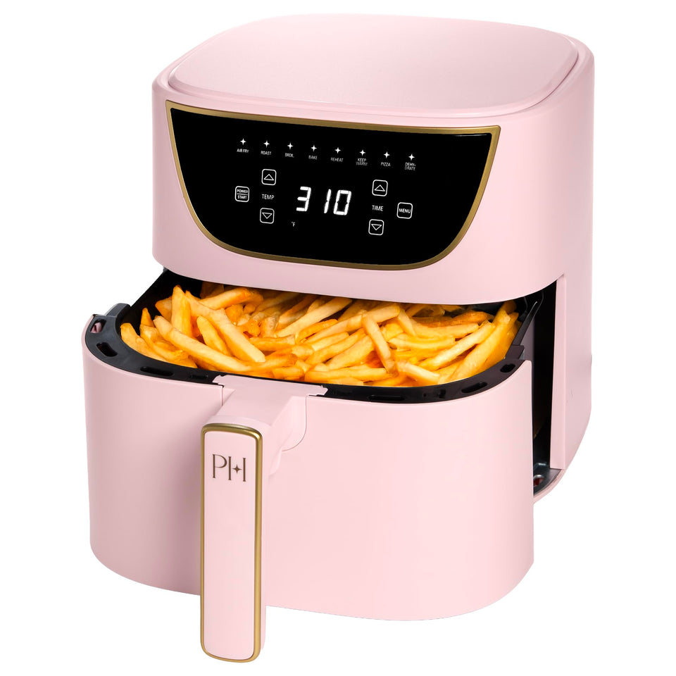 Paris Hilton Air Fryer front panel with pink finish delivers quick, crispy results.