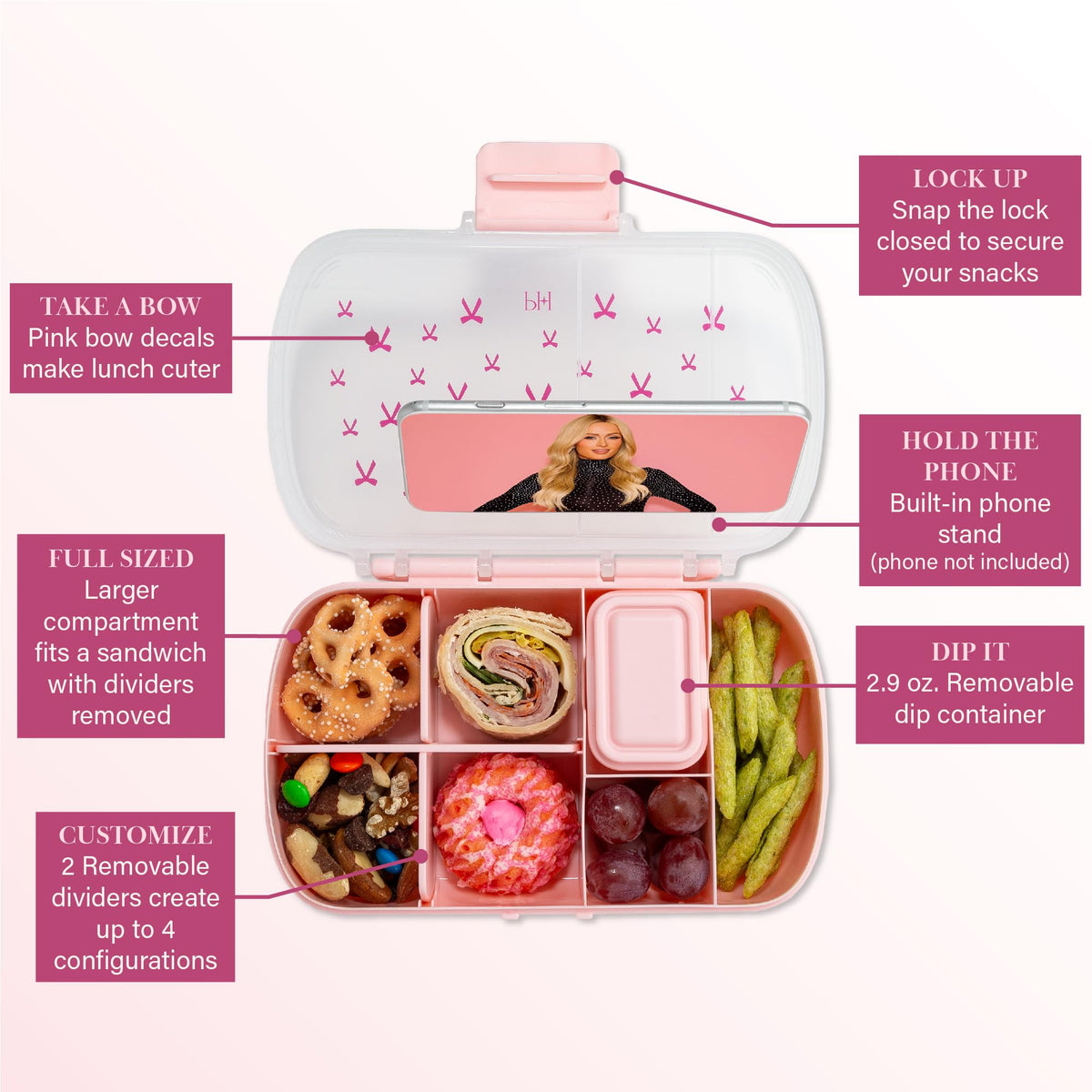 Paris Hilton bento box with removable dividers for four configurations.