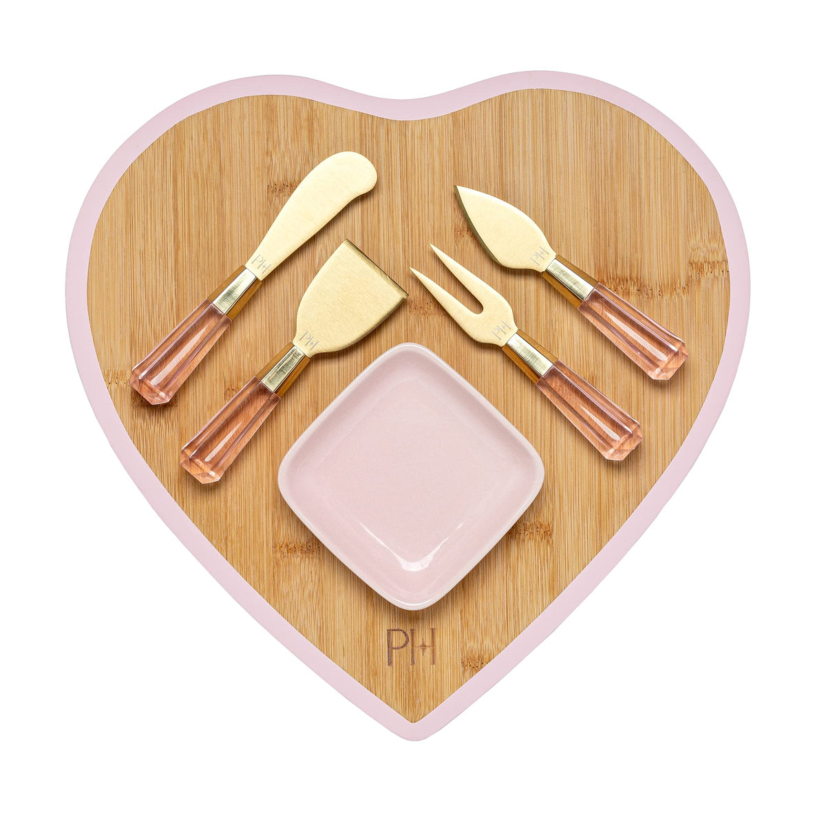 Paris Hilton charcuterie board with bamboo heart pink for stylish entertaining