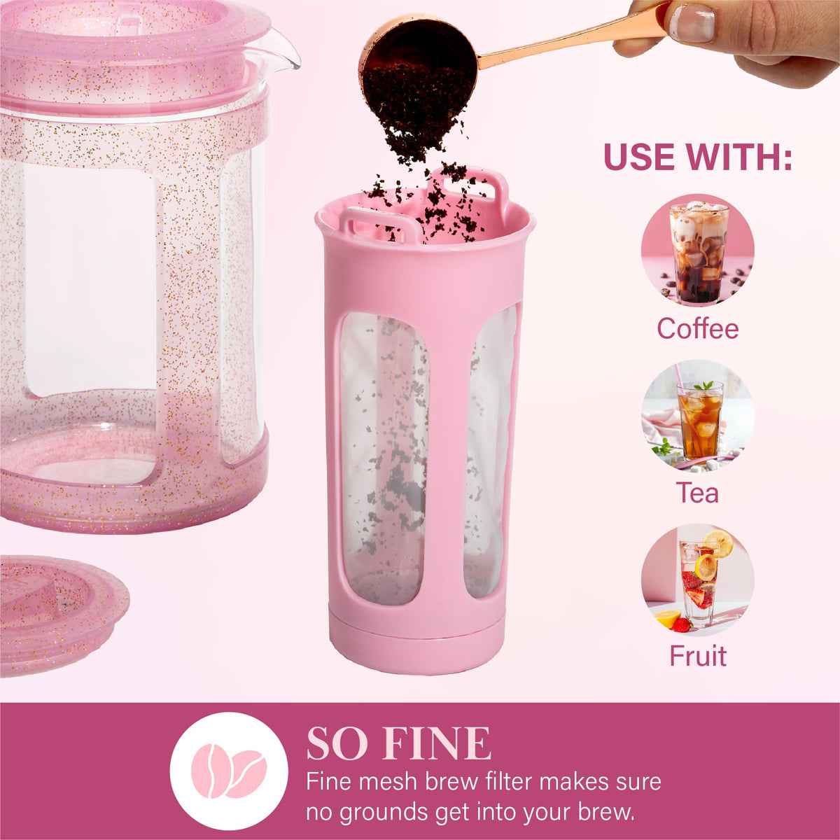 Paris Hilton Cold Brew fridge-ready carafe for convenient steeping.