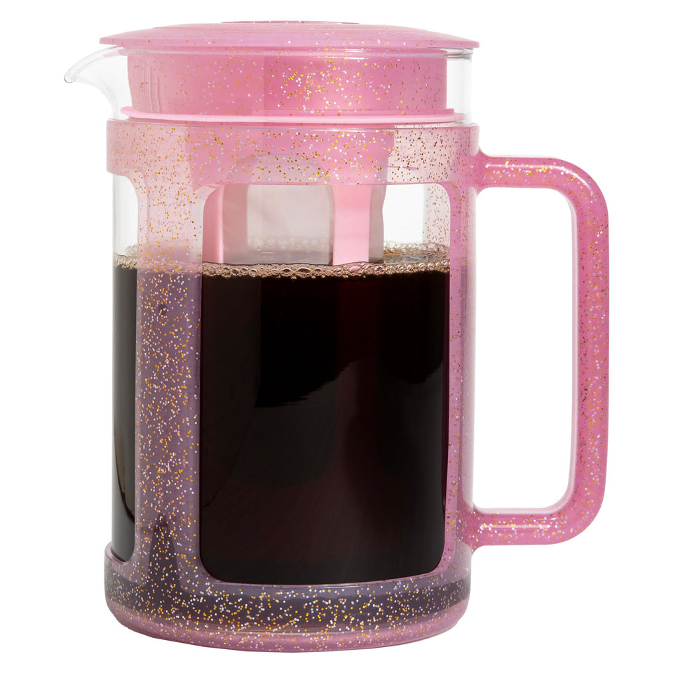 Paris Hilton Cold Brew glitter pink carafe for stylish, smooth iced coffee at home.