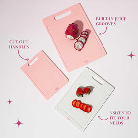Paris Hilton cutting board built-in juice groove catches drips to keep counters clean.