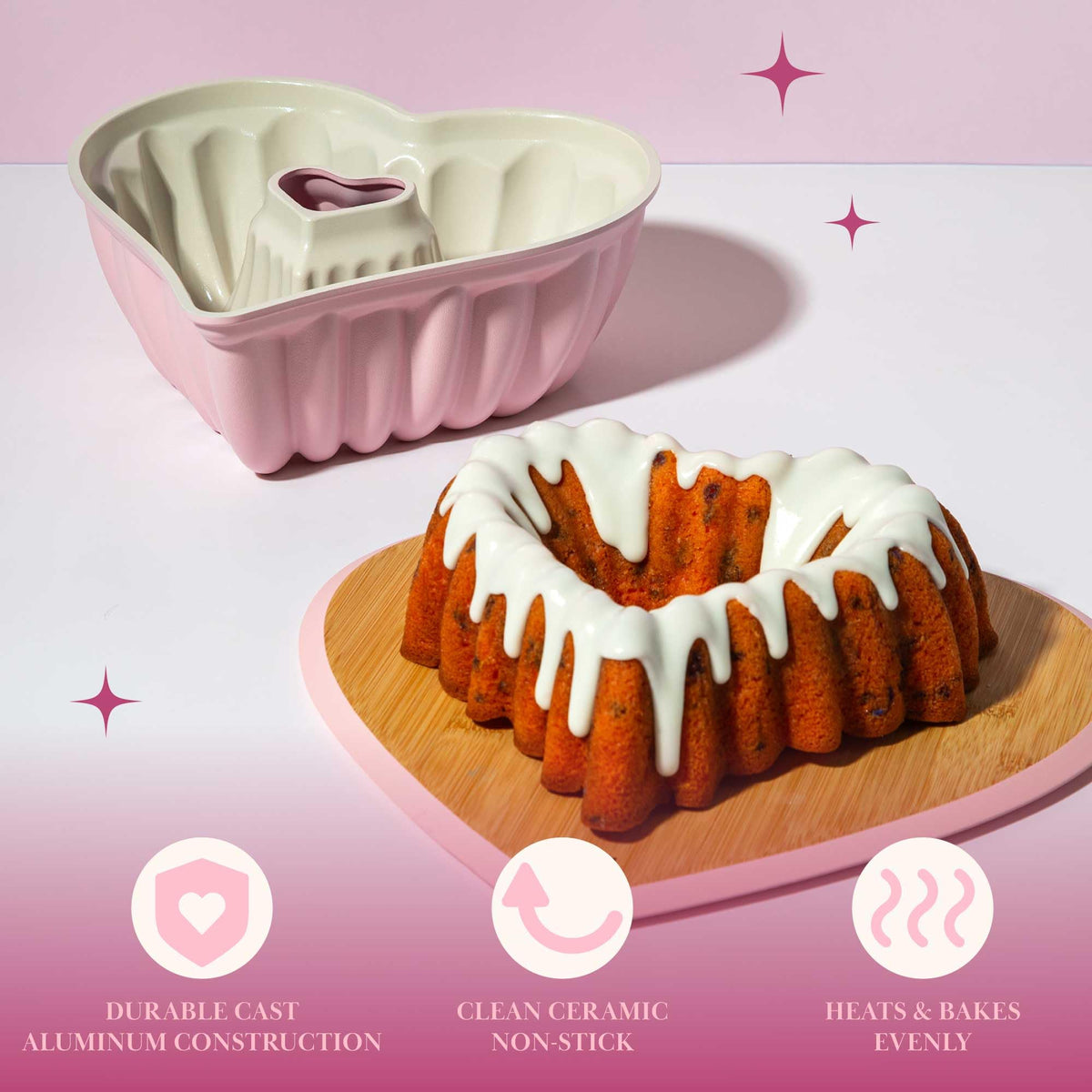 Paris Hilton dishwasher-safe cake pan simplifies cleanup after parties.