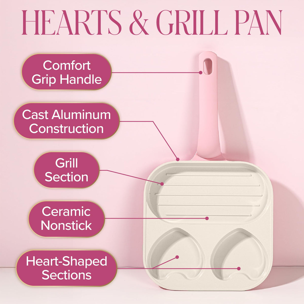 Paris Hilton divided skillet heart-pancakes section ideal for fun weekend brunch plates.