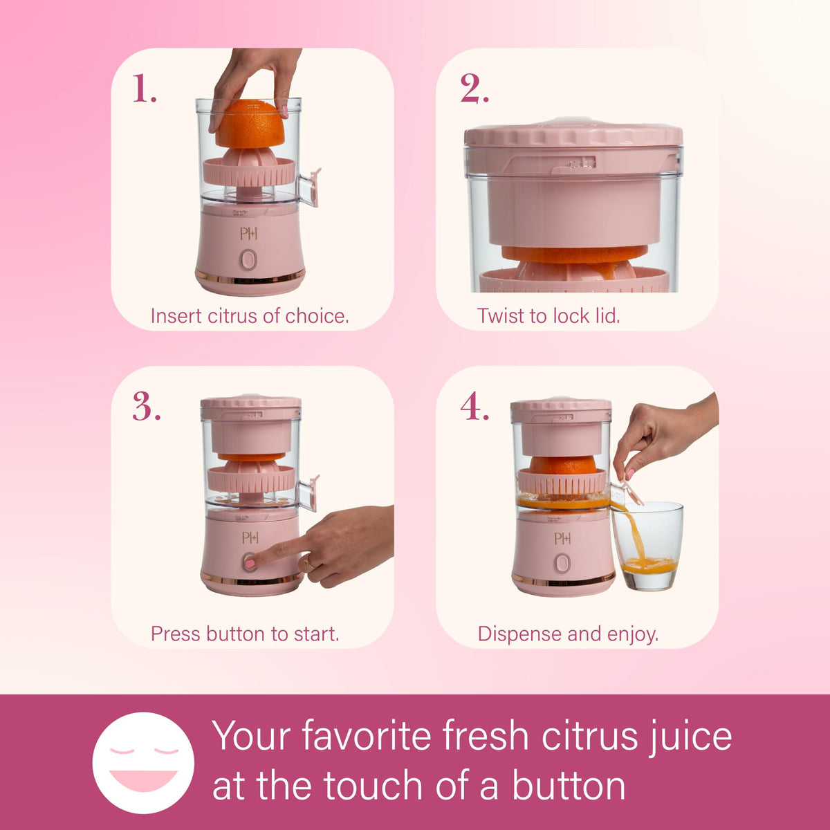 Paris Hilton juicer with one-touch button for quick citrus juice