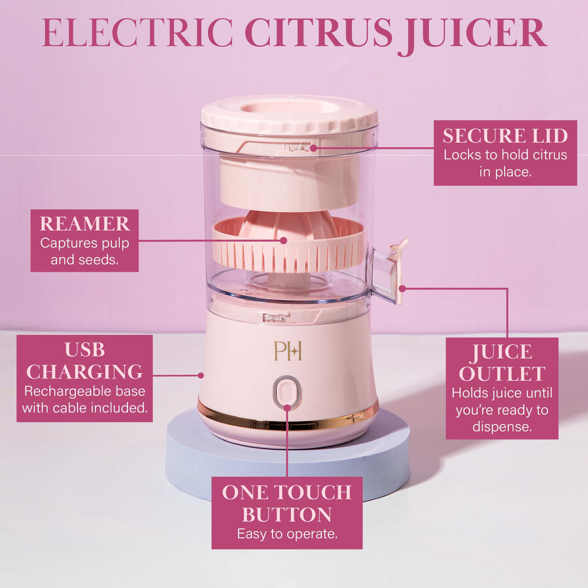 Paris Hilton juicer reamer captures pulp and seeds for smoother juice