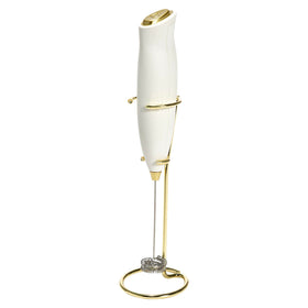 Paris Hilton electric milk frother with double coil head whips creamy foam for lattes.