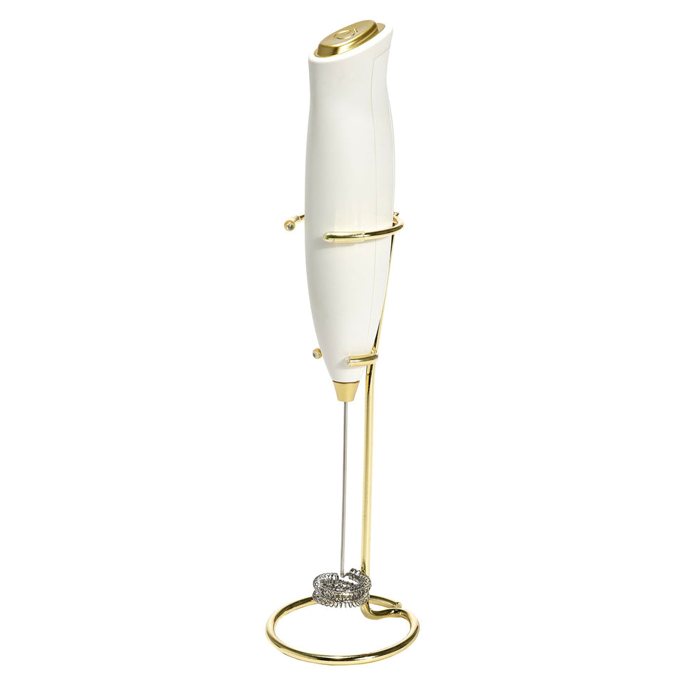 Paris Hilton electric milk frother with double coil head whips creamy foam for lattes.