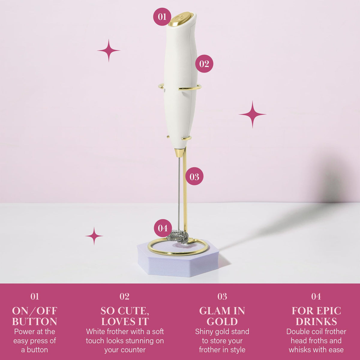 Paris Hilton milk frother with gold stand elevates your countertop while frothing.