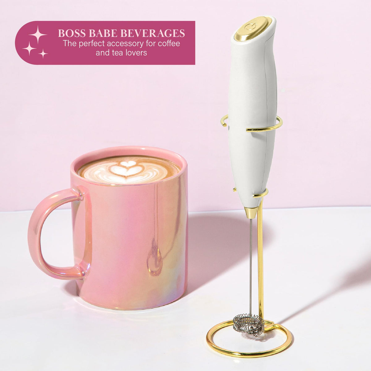 Paris Hilton milk frother white housing adds style while producing hot or cold foam.