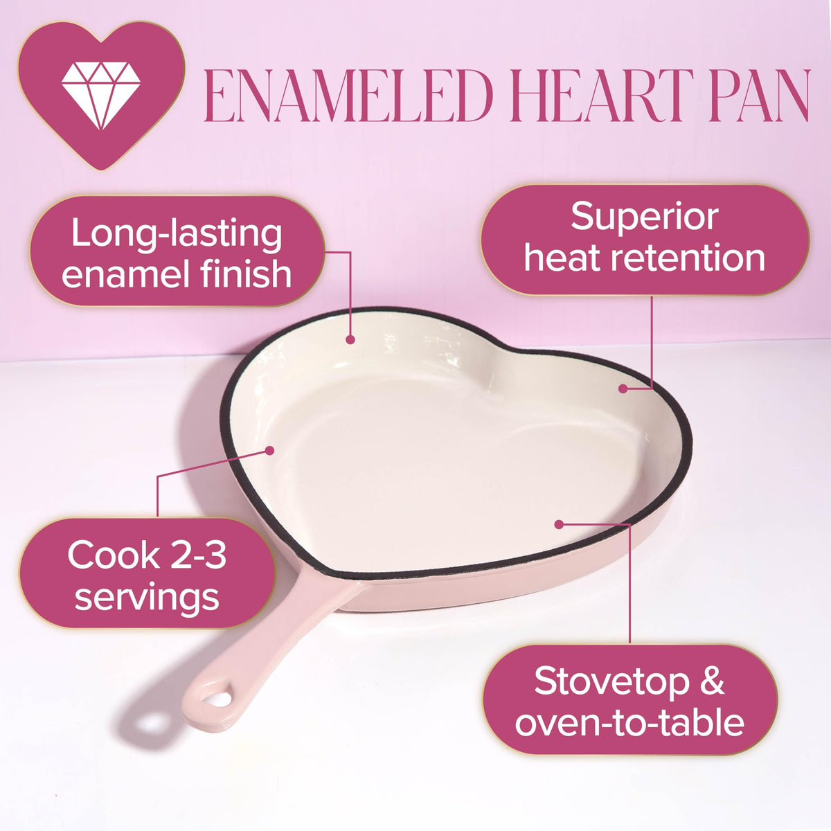 Paris Hilton enameled cast iron heart pan highlights durable heat retention for even cooking