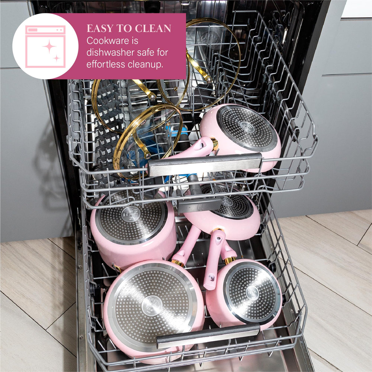 Paris Hilton Epic nonstick soft-touch stay-cool handles for comfortable, controlled cooking.