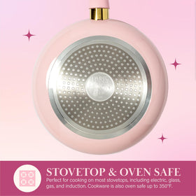 Paris Hilton Epic nonstick tempered glass lid with vent keeps moisture balanced.