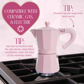 Paris Hilton espresso pot features an ergonomic handle for comfortable, controlled pouring.