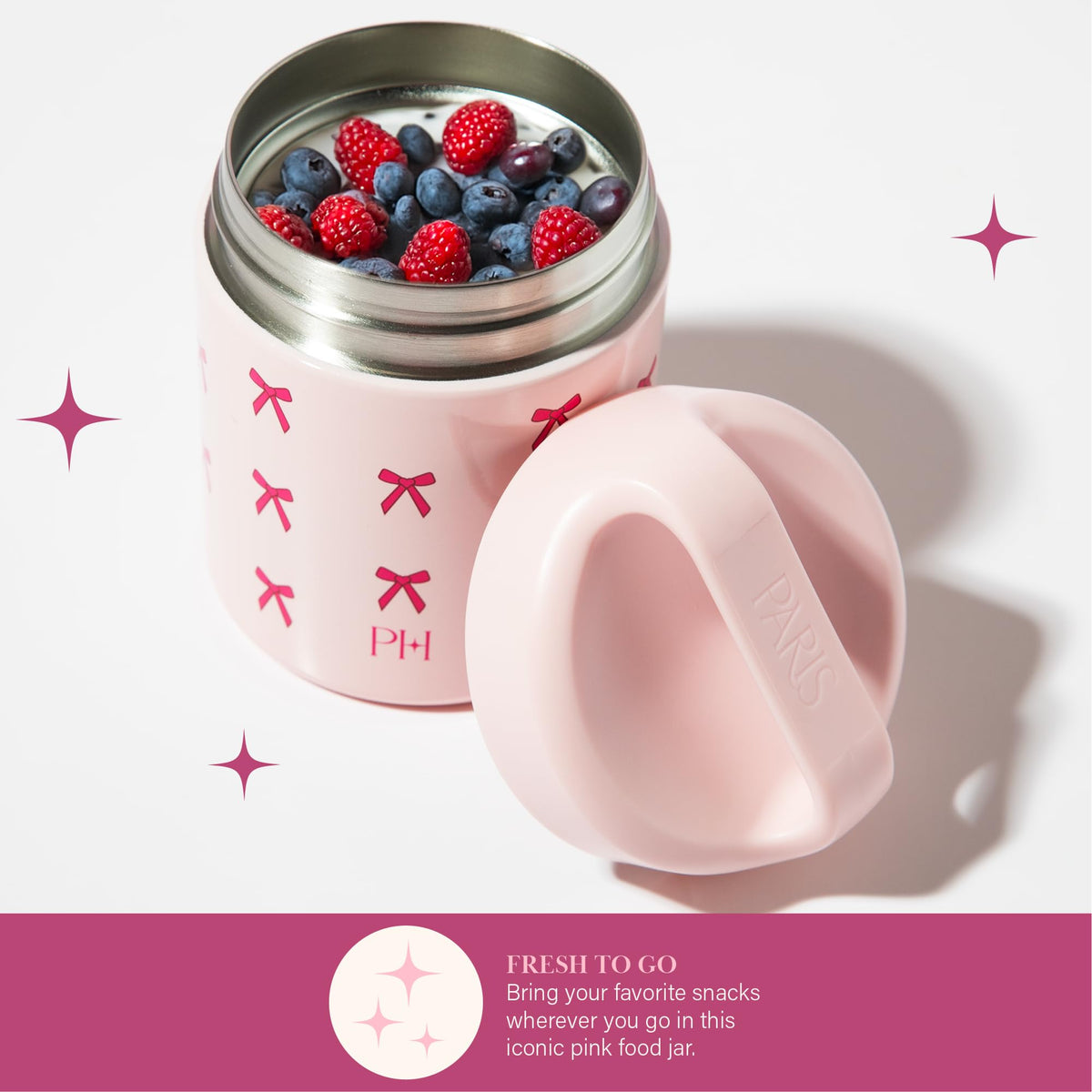 Wide-mouth opening on Paris Hilton food jar for simple filling and cleaning.