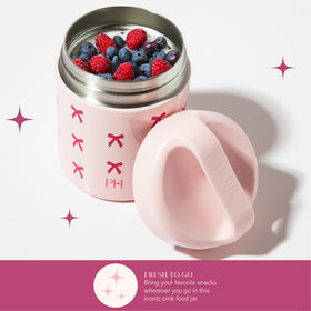 Wide-mouth opening on Paris Hilton food jar for simple filling and cleaning.