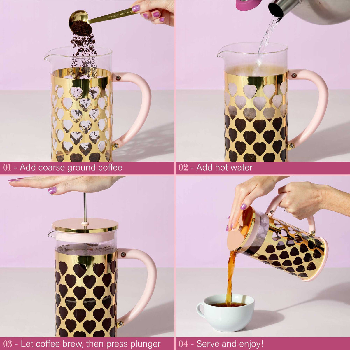 Tempered glass carafe inside a pink frame shows brew progress.
