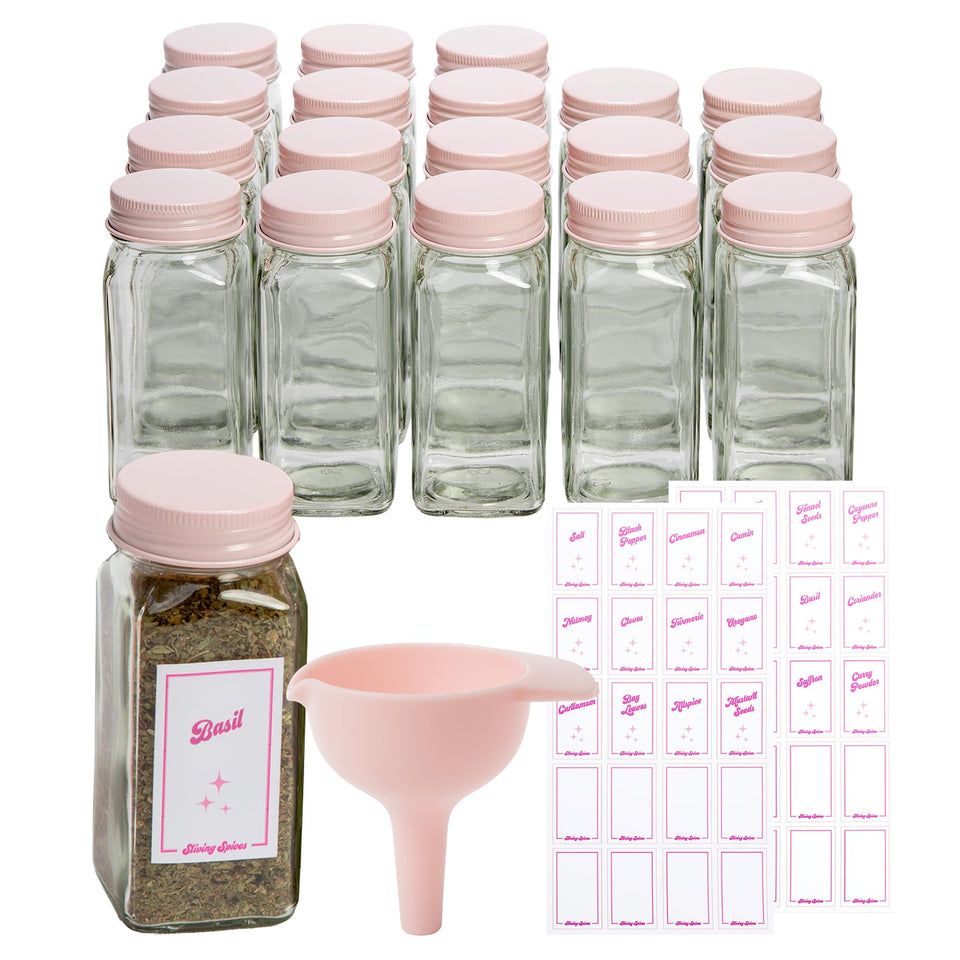 Paris Hilton glass spice jars in pink with 4oz capacity for fresh, visible storage.