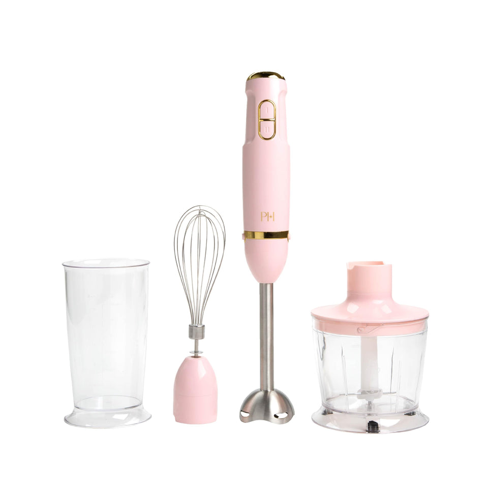 Paris Hilton hand blender with 3-in-1 shaft for smooth sauces.