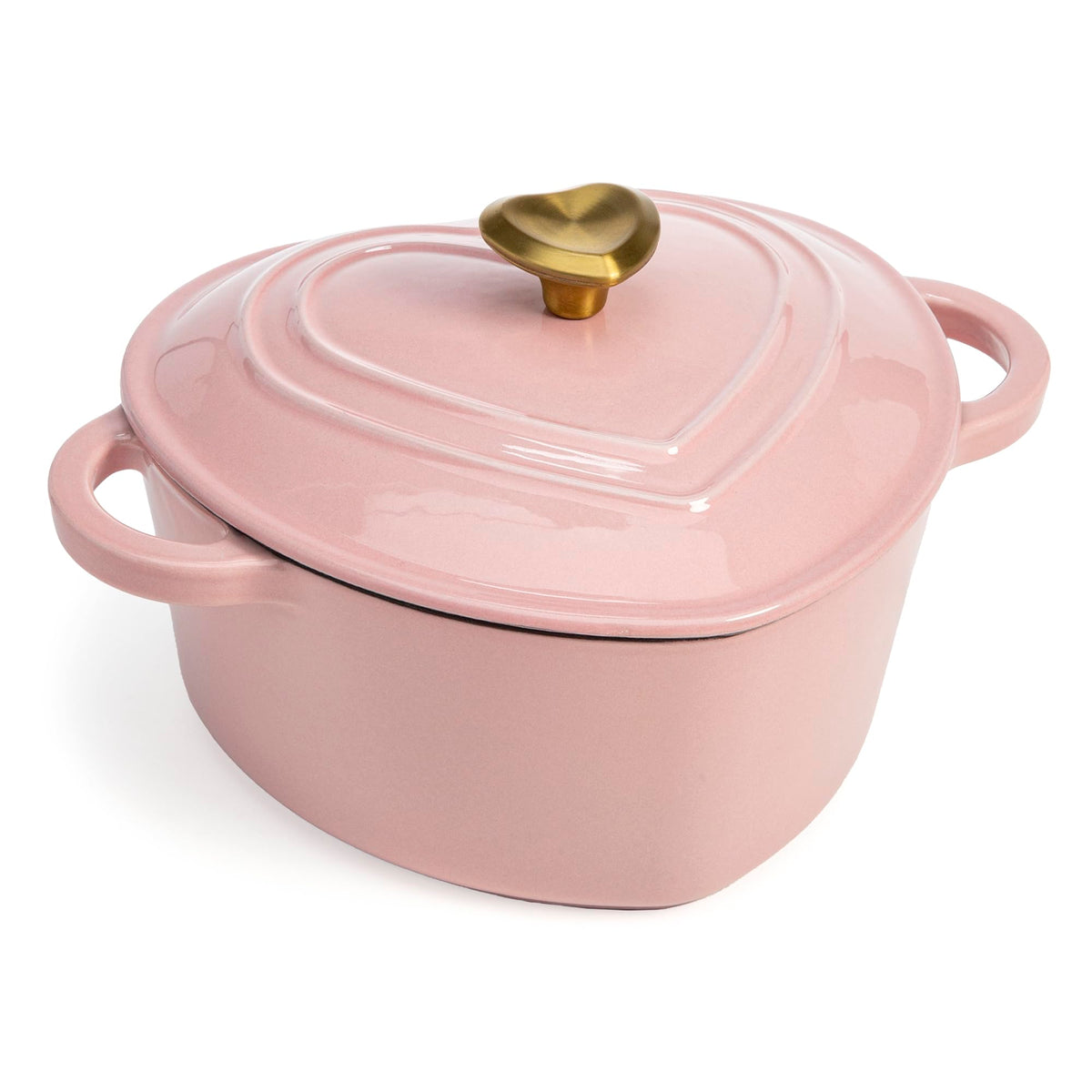 Paris Hilton heart-shaped 4-quart dutch oven pink exterior with gold knob, even heat for braises.
