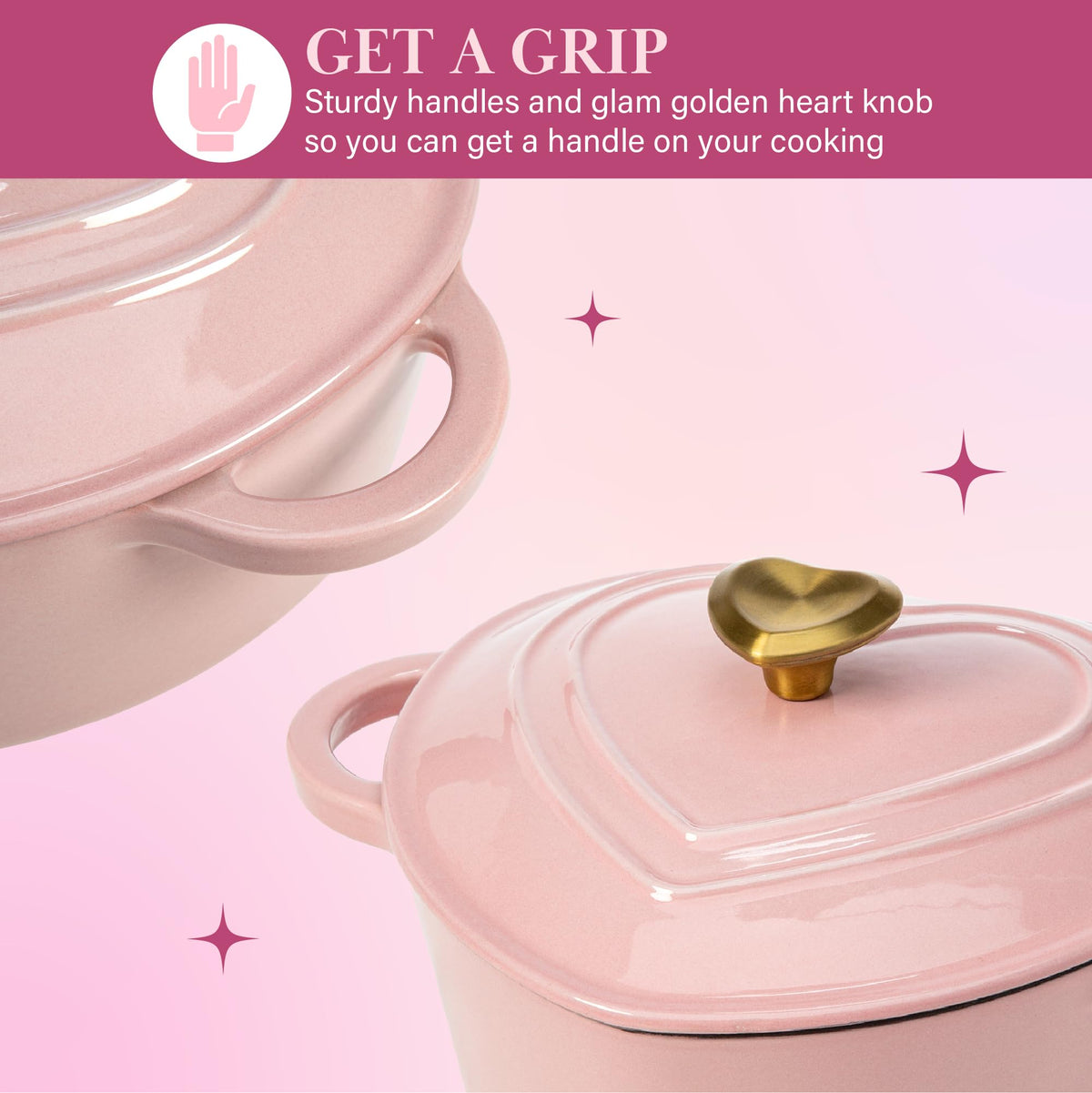 Paris Hilton heart-shaped dutch oven on stove top, compatible with induction cooking.