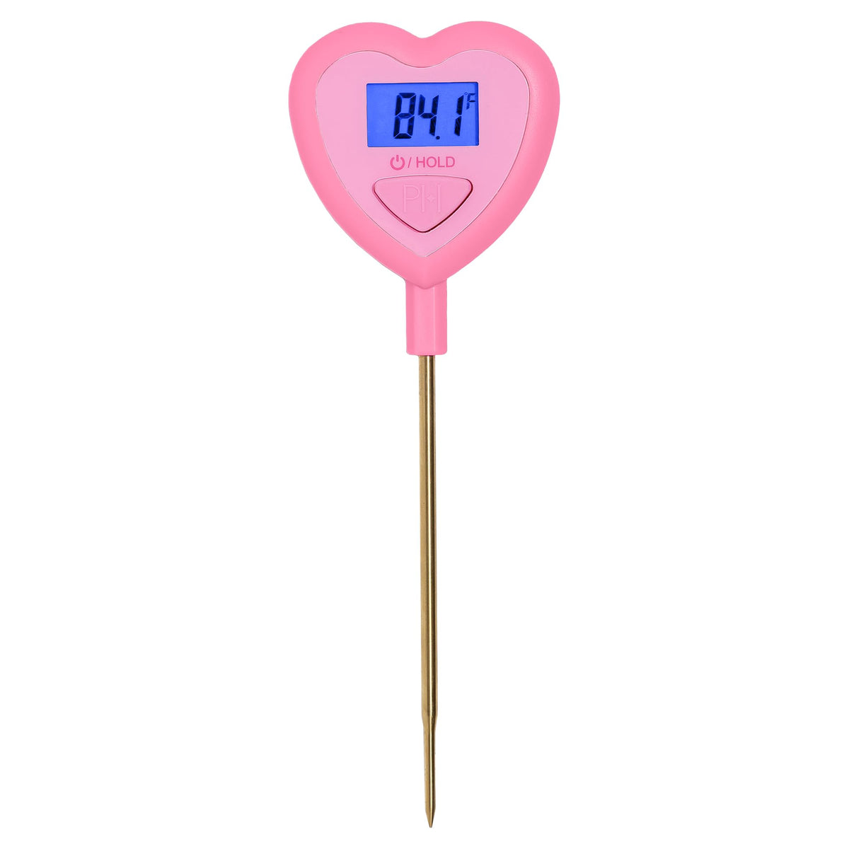 Paris Hilton heart-shaped thermometer in pink front view for quick kitchen temperature checks.