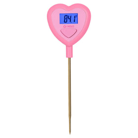 Paris Hilton heart-shaped thermometer in pink front view for quick kitchen temperature checks.
