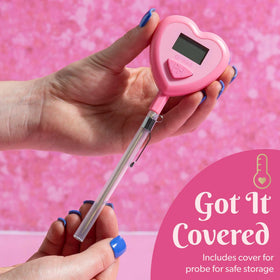 Paris Hilton heart-shaped thermometer with protective cover for neat drawer storage.