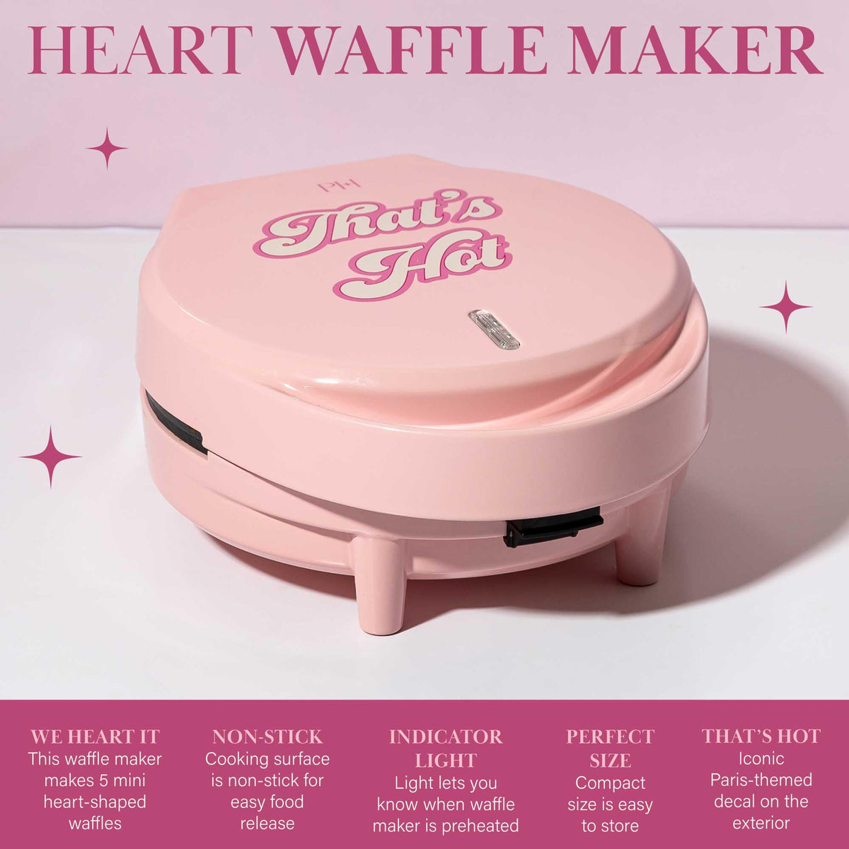 Paris Hilton Heart Waffle Maker highlights 6-inch nonstick plates for easy release.