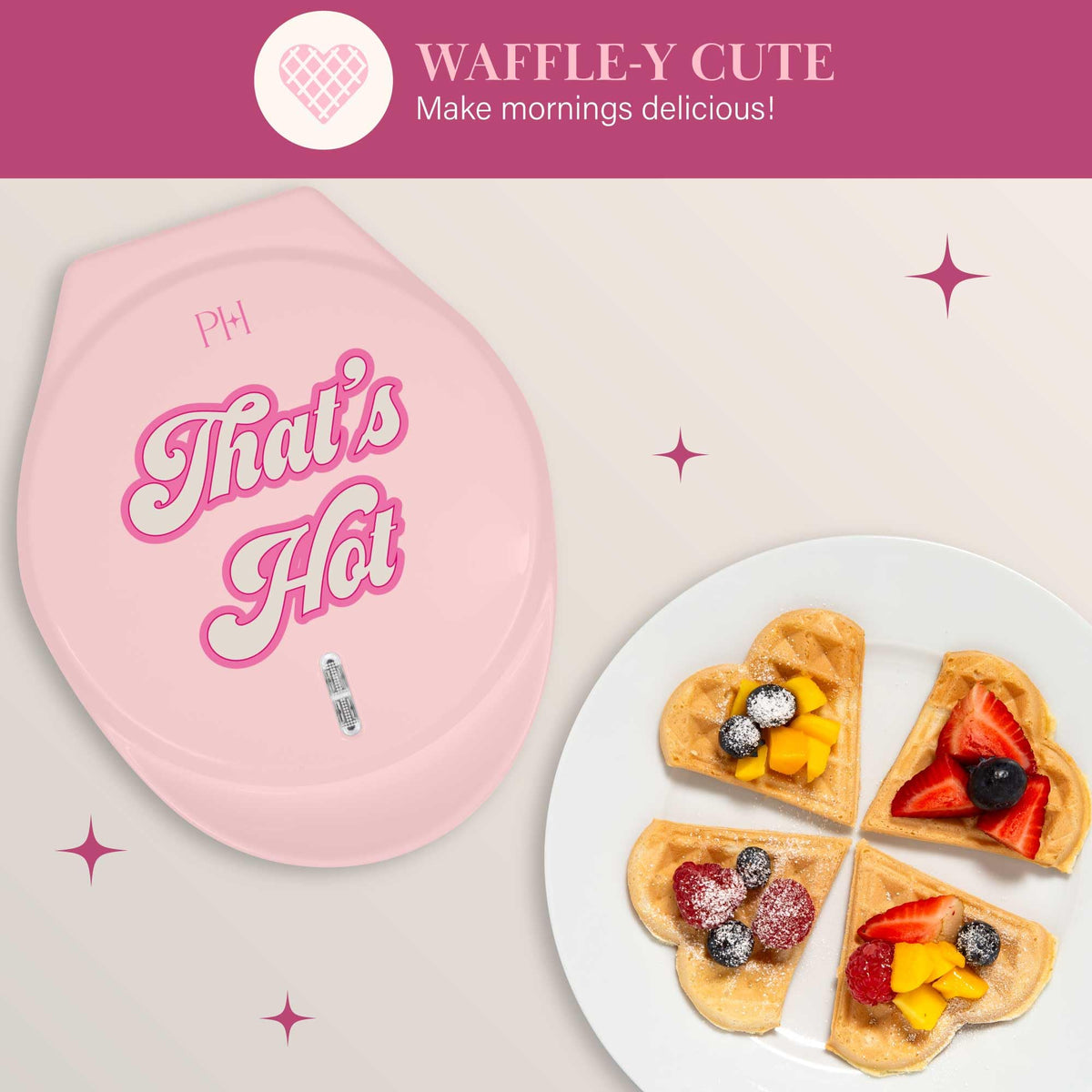 Brunch setting featuring Paris Hilton Heart Waffle Maker with heart-shaped waffles.