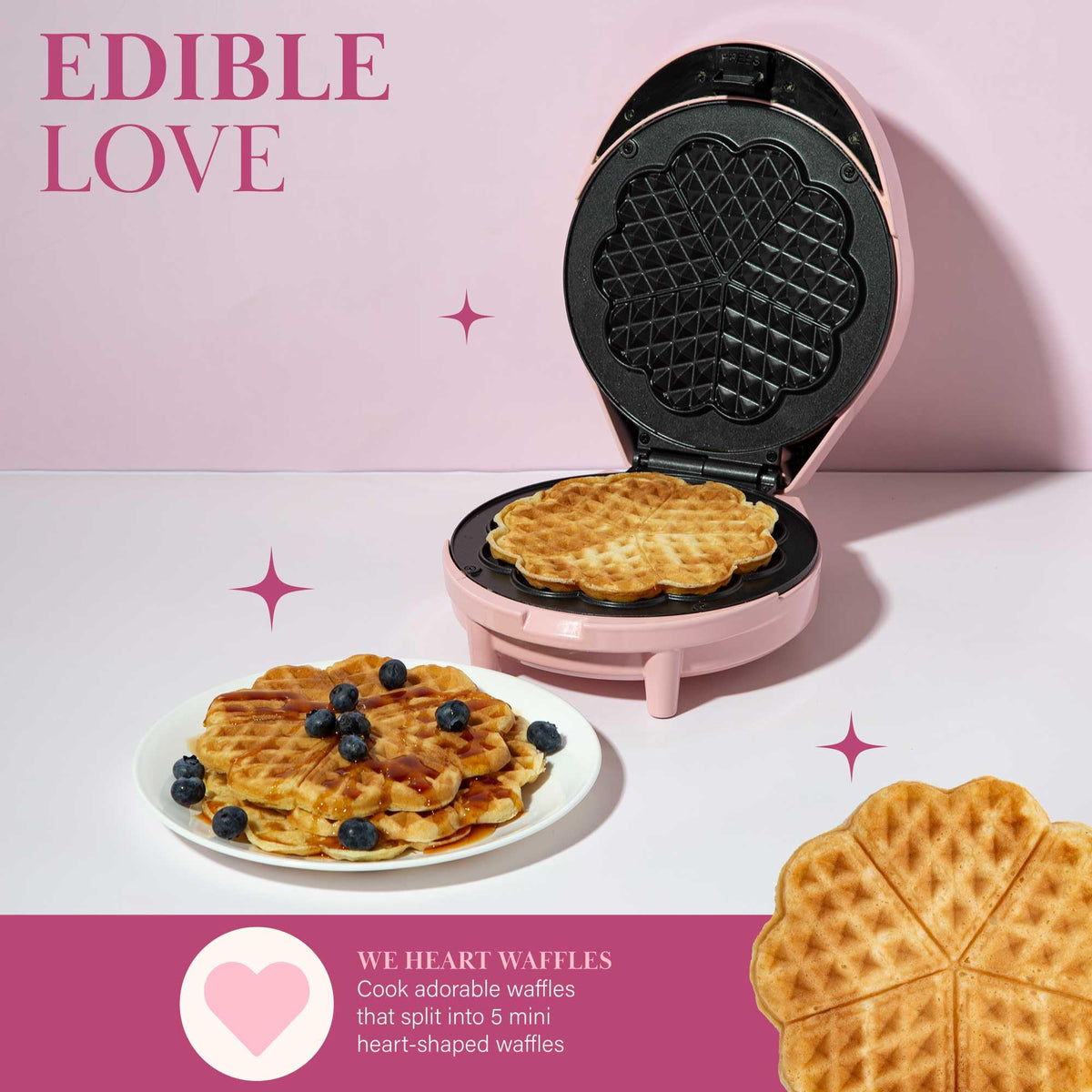 Pink Paris Hilton Heart Waffle Maker on a bright kitchen countertop.