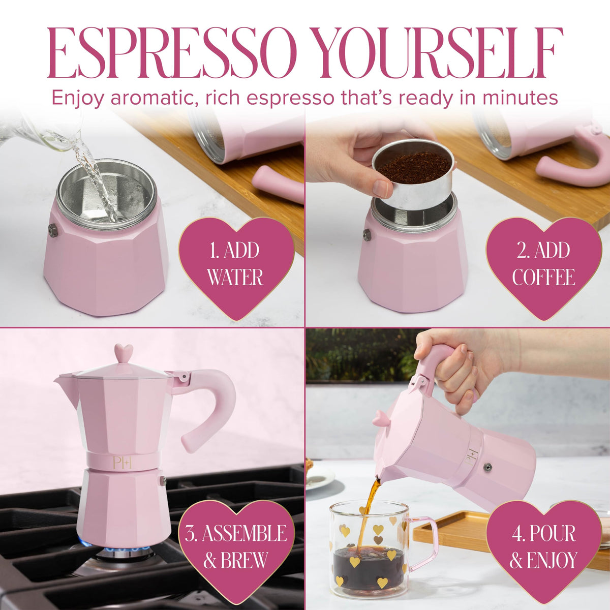 Paris Hilton stovetop espresso's heat-resistant lid knob ensures safe, easy use.
