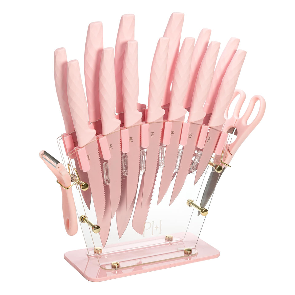 Paris Hilton fan-style clear acrylic knife block keeps blades organized on the counter.