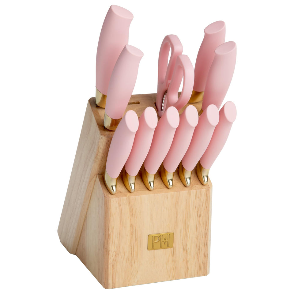 Paris Hilton pink knife block set with ergonomic blades for precise cutting.