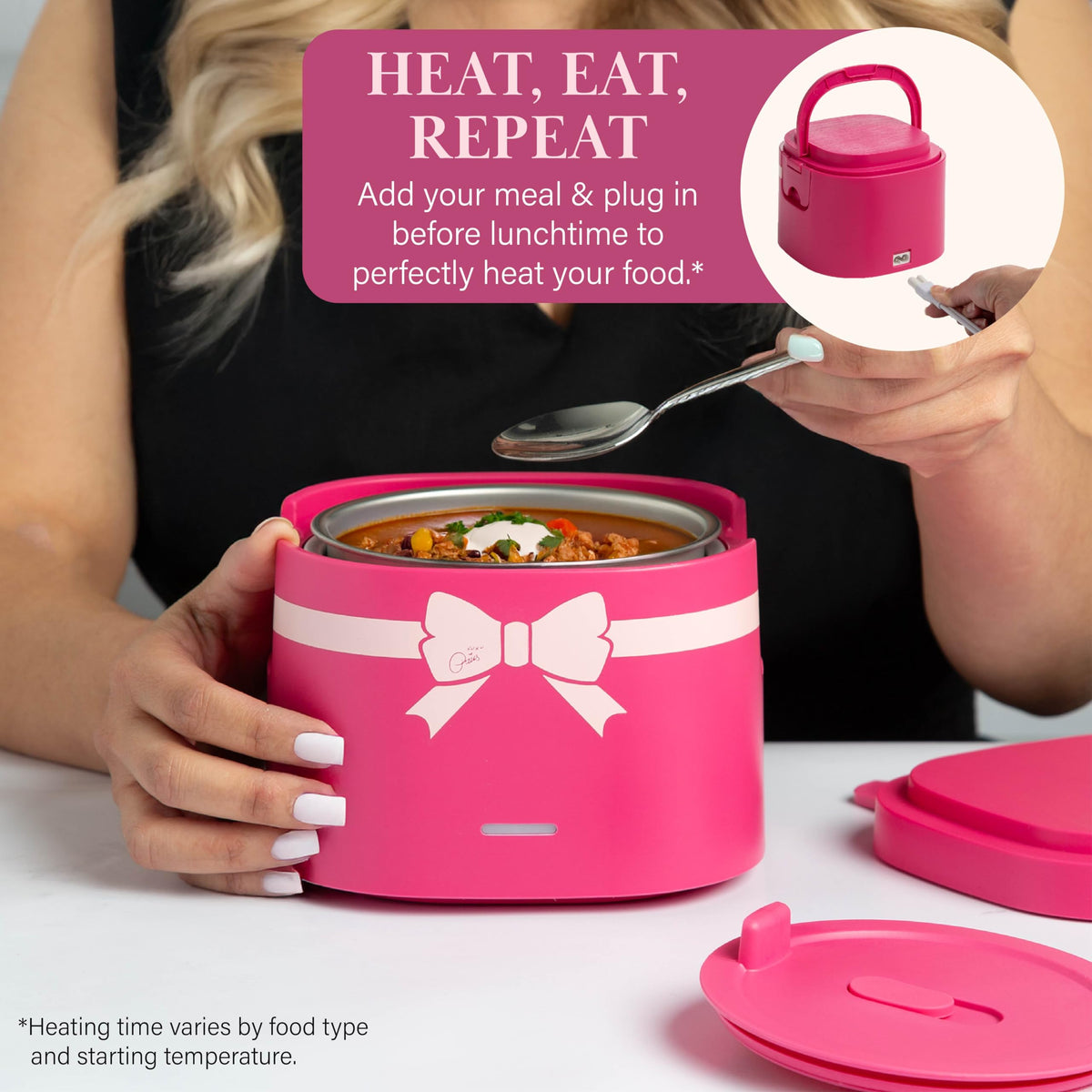 Paris Hilton Electric Lunch Warmer bow-front-decal enhances style at lunch.